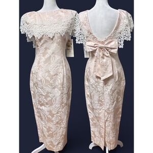 Vintage Jessica McClintock Dress 5/6 Pink Satin Lace Midi Bow USA 80s 90s NWT